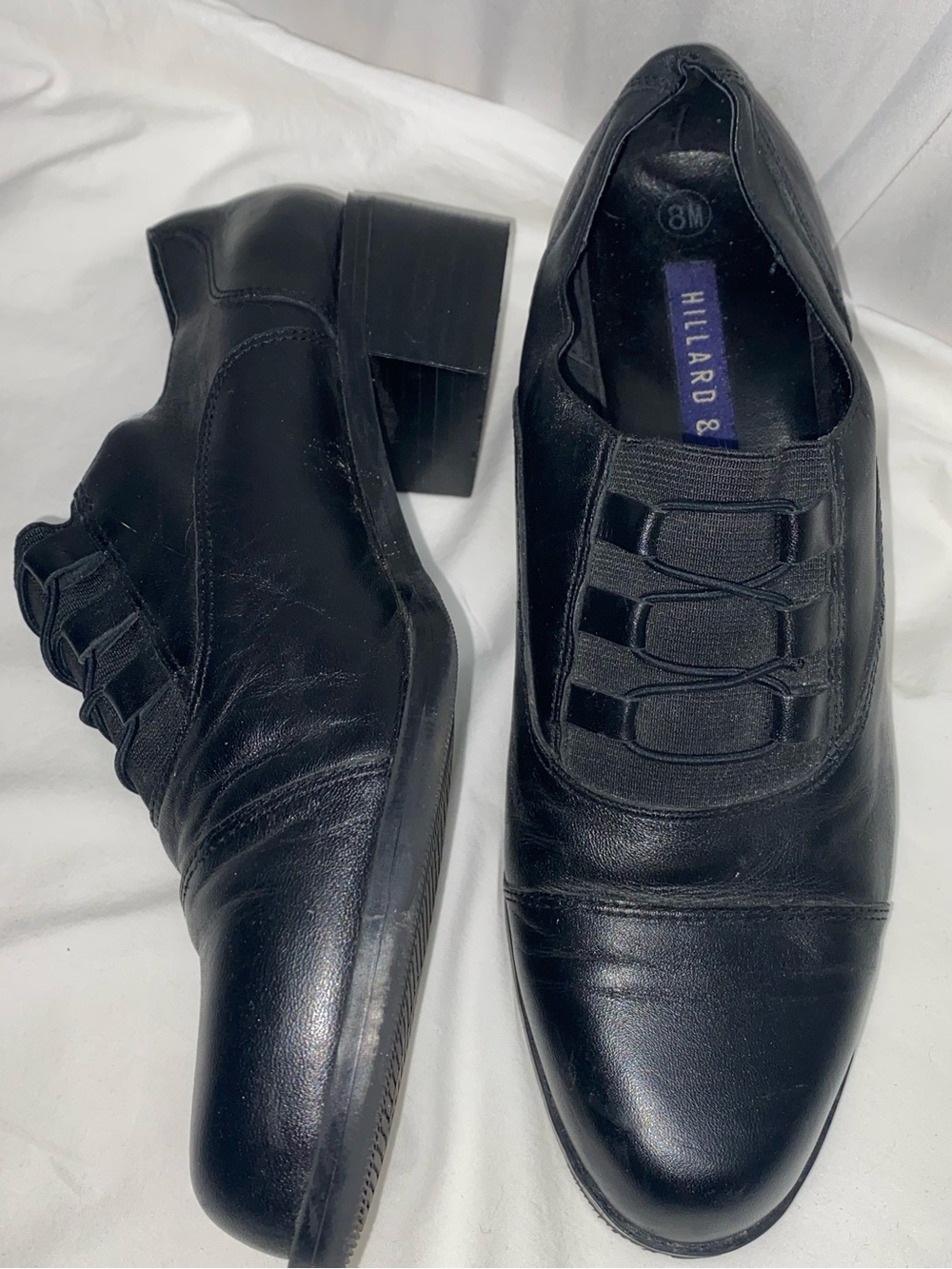 * Hillard & Hanson 8M elastic lace loafers block heel slip-ons cap toe leather